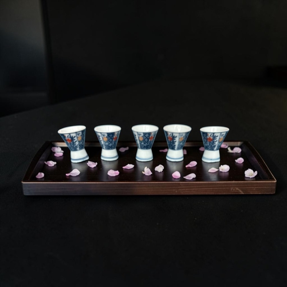 Set of 5 Japanese Sake Cups Blue White Porcelain Floral Ochoko Footed 2.25in